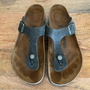 Birkenstock Gizeh Oiled Black Leather Sandals Size L11-11.5 Wide Fit